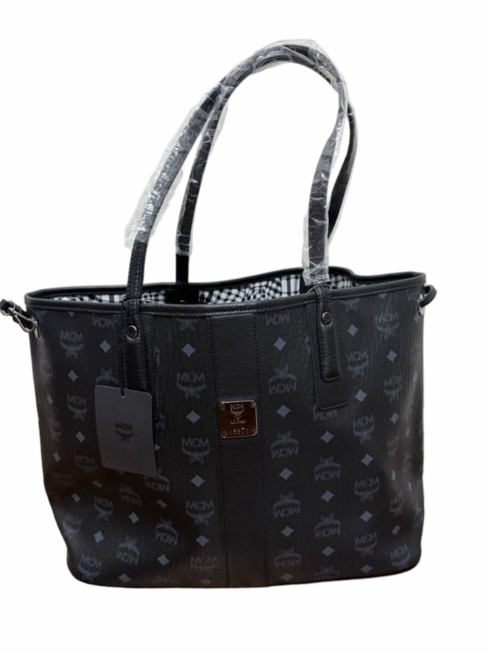 NWT MCM Women's Liz Reversible Shopper Tote in Black & white, Visetos & leather